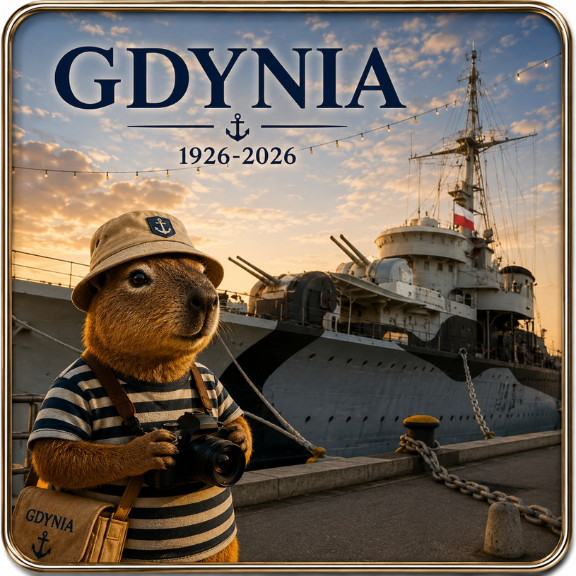 Magnes Gdynia 1926–2026 – Kapibara Turysta przy ORP Błyskawica | WorldOfBara™
