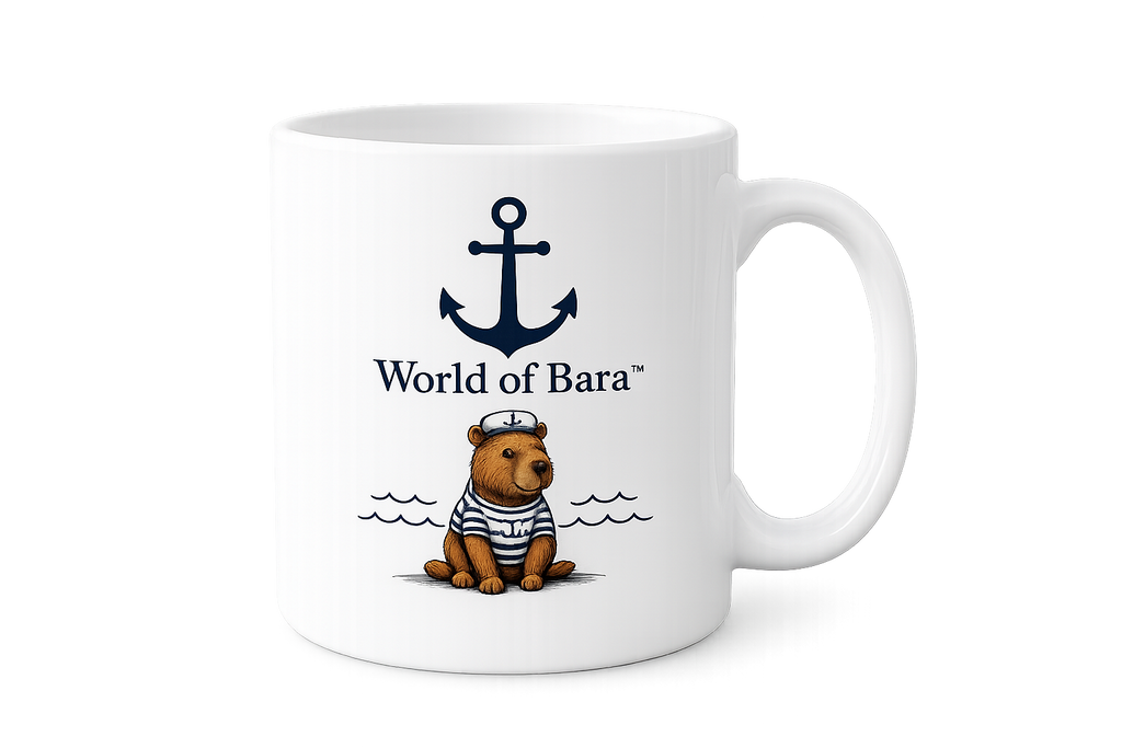 Biały kubek World of Bara z logo kotwicy i kapibarą marynarzem.