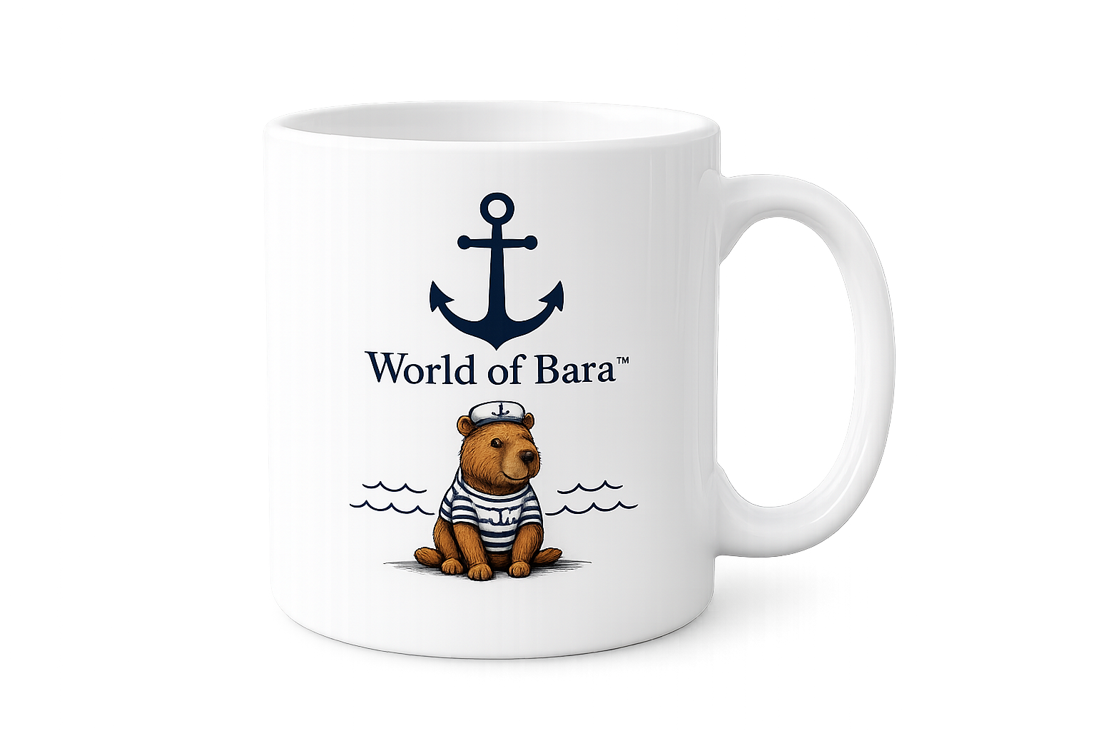 Biały kubek World of Bara z logo kotwicy i kapibarą marynarzem.