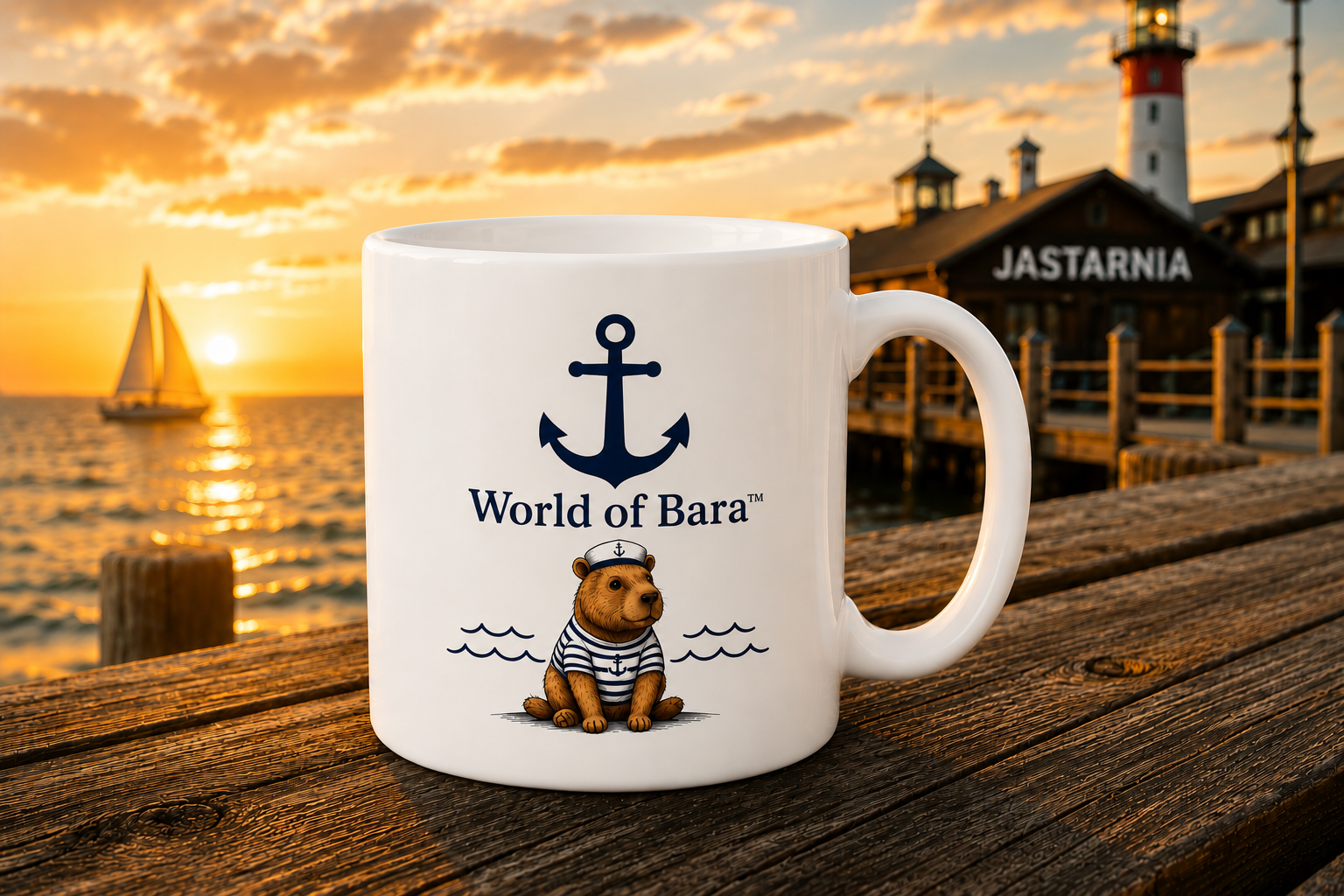 Kubek World of Bara z kapibarą marynarzem na tle molo w Jastarni podczas zachodu słońca nad Bałtykiem.